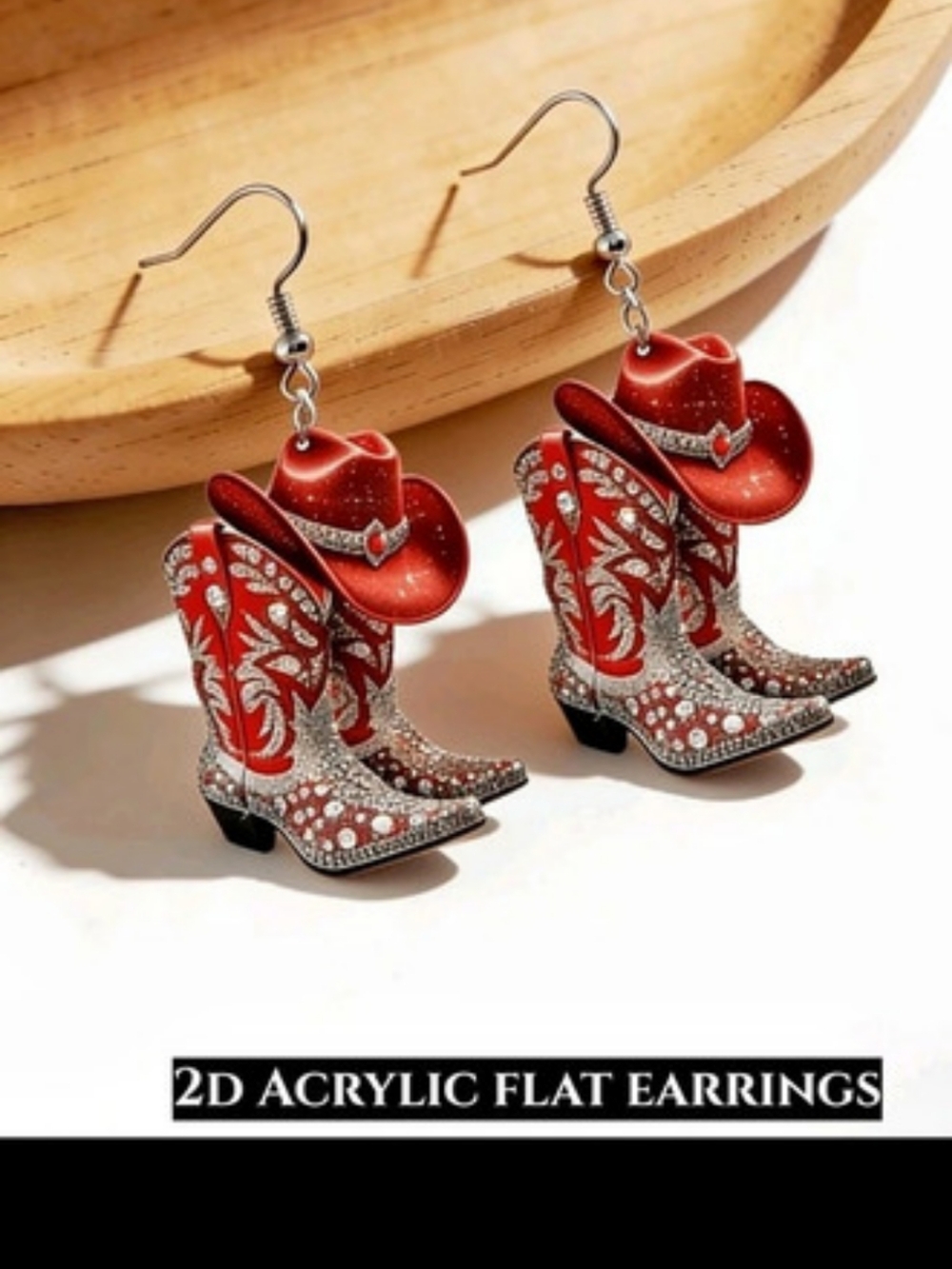 Red Cowboy Boot Acrylic Earrings NWT